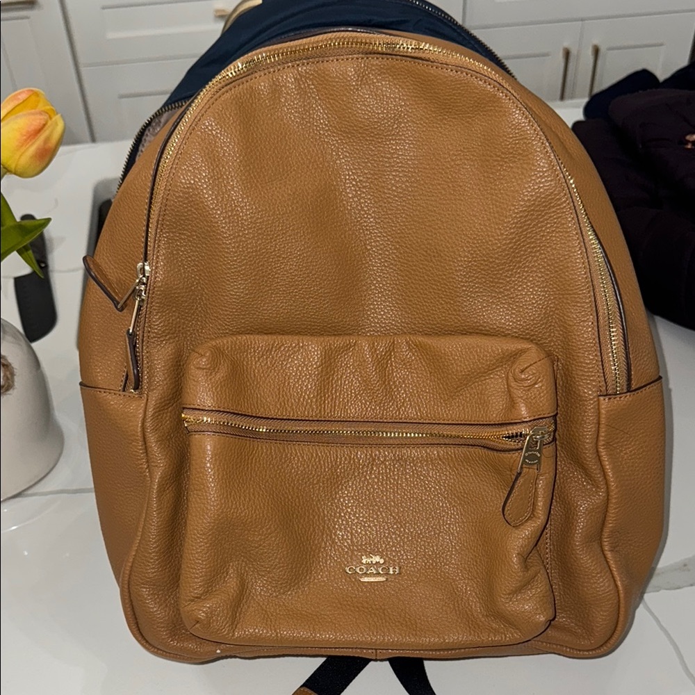 Coach Tan Leather Backpack with Adjustable Straps and Minimalist Design